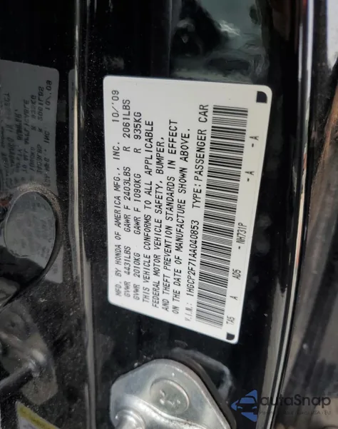2010 Honda Accord Ex from USA, damaged, VIN 1HGCP2F71AA040853